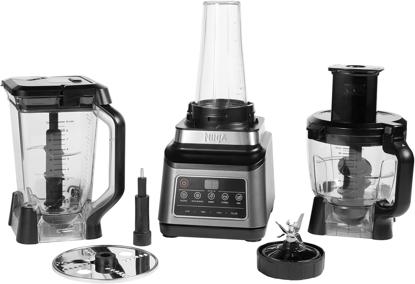Ninja 3-en-1 Robot de cuisine et mixeur avec 5 programmes: Mixer, Mixer Max, Hacher, Mélanger, Purée, Bol 1,8L, Cruche 2,1L, Tasse 700ml, 1200W, lavables au lave-vaisselle, Auto-iQ, Noir BN800EU