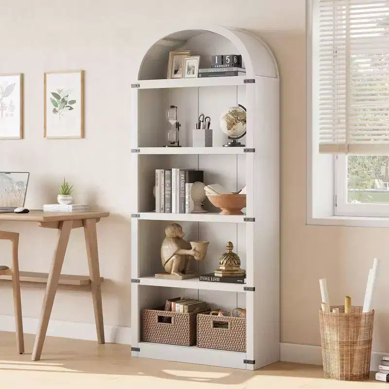 GustoWave Bibliothèque Haute de 181,96 cm, Étagère Murale Arched Style Ferme, Rangement d'Exposition, Étagères en Bois, Blanc/Gris