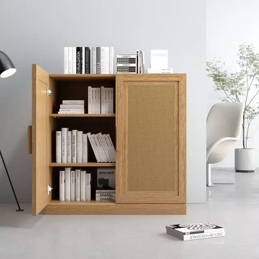 1 meuble de rangement en grain de bois noir (porte en osier), meuble de rangement décoratif