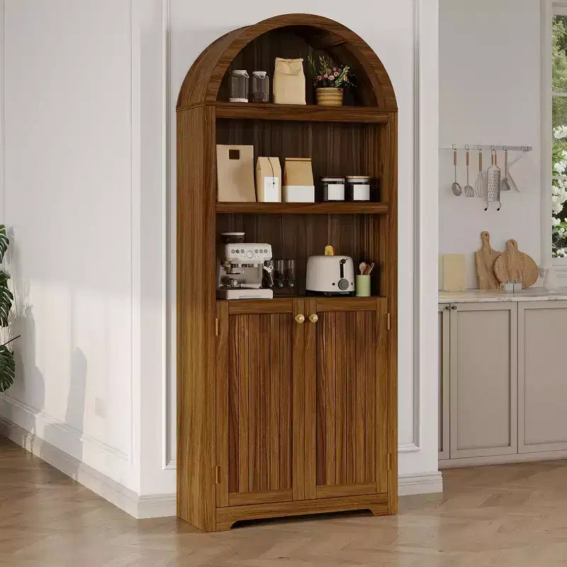 Meuble haut arqué GustoWave 71.6, Bibliothèque à 5 niveaux avec portes et étagères réglables, Armoire de rangement