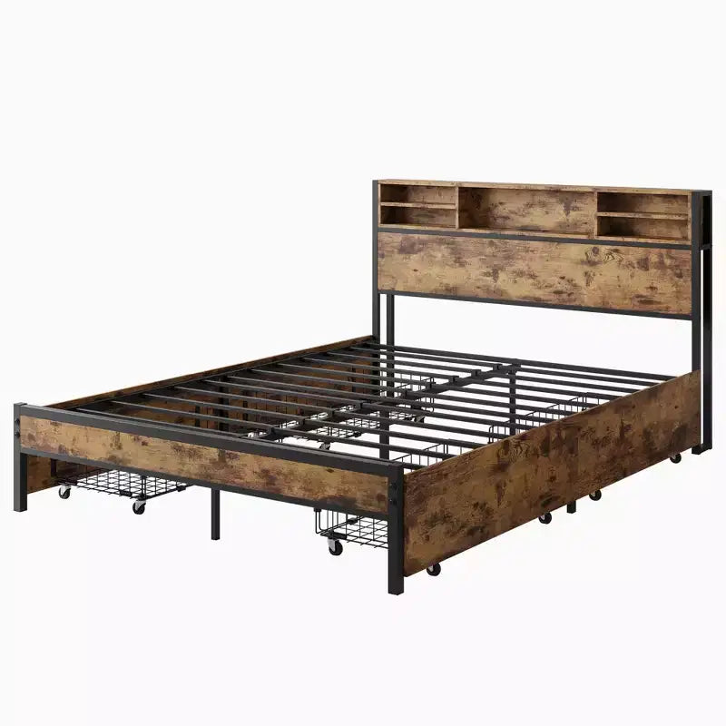 MAYEERTY Lit Plateforme Marron en Métal Taille Queen avec Cadre 4 Tiroirs de Rangement Tête de Lit en Bois Station de Recharge Pas de Sommier Tapissier Sans Bruit Assemblage Facile
