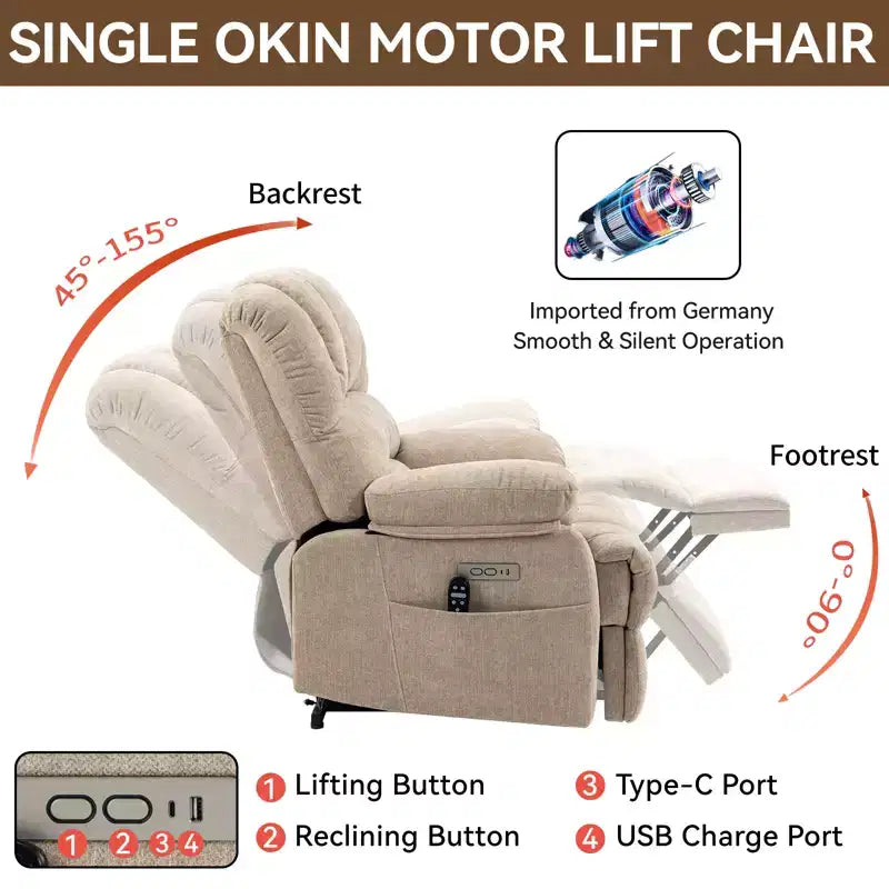 CLIHOME Fauteuil inclinable électrique releveur en chenille grande taille, largeur d'assise 23 pouces et dossier haut, avec massage vibrant 8 points et chauffage lombaire