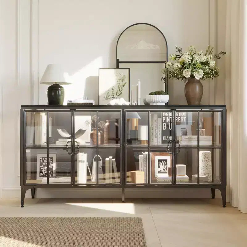 Bibliothèque en verre Famapy, vitrine, armoire de rangement, buffet avec cadre en métal et lumière LED pour salle à manger
