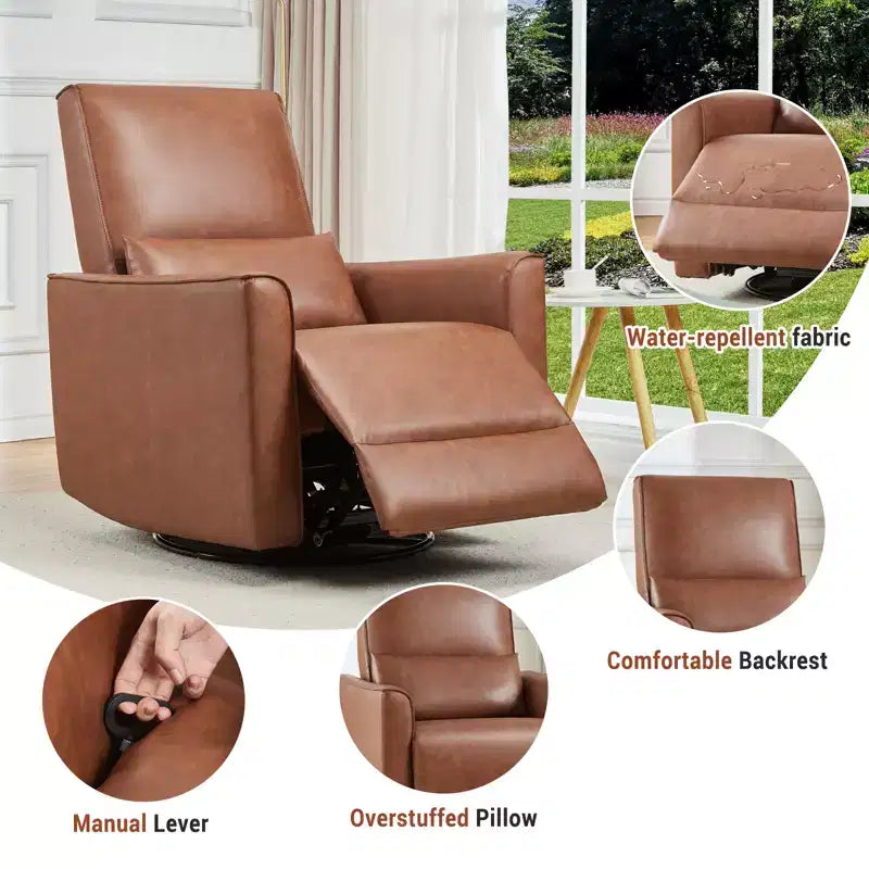 Fauteuil inclinable, pivotant et à bascule, inclinable manuel en cuir, fauteuil à bascule confortable, pour salon, chambre à coucher, marron
