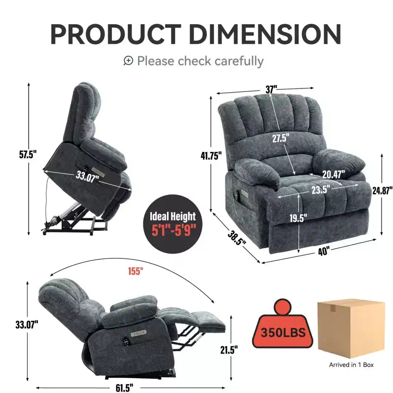 CLIHOME Fauteuil inclinable électrique releveur en chenille grande taille, largeur d'assise 23 pouces et dossier haut, avec massage vibrant 8 points et chauffage lombaire