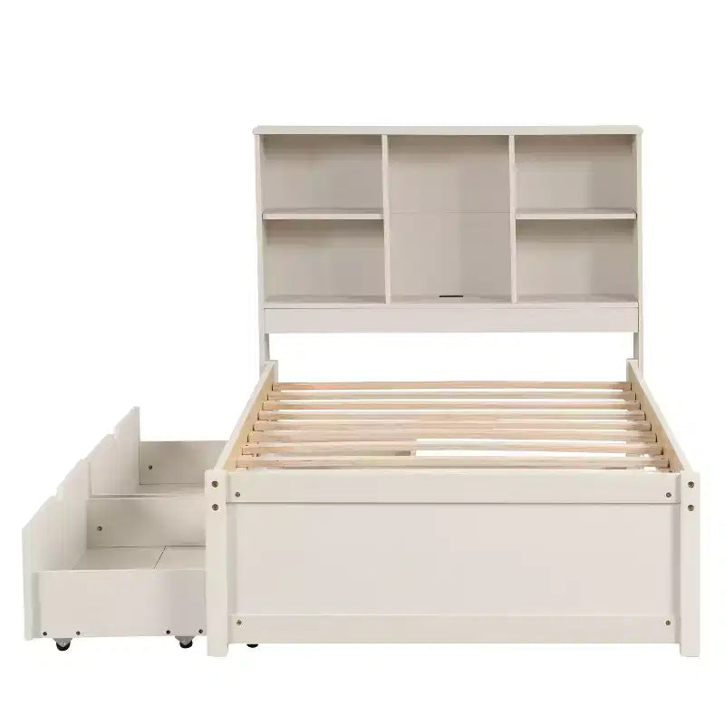 Bellemave Lit plateforme jumeau avec tête de lit bibliothèque et 2 tiroirs de rangement, lit plateforme en panneau de particules avec port de chargement USB