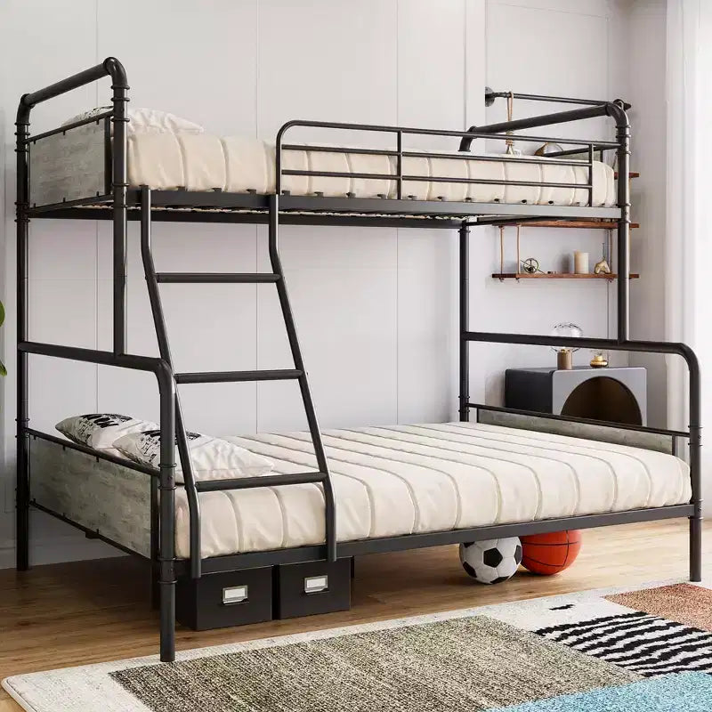 Lit superposé double avec lit inférieur double et barrière de sécurité haute, lits superposés convertibles en métal de taille double pour enfants/adolescents, montage facile, aucun sommier tapissier requis