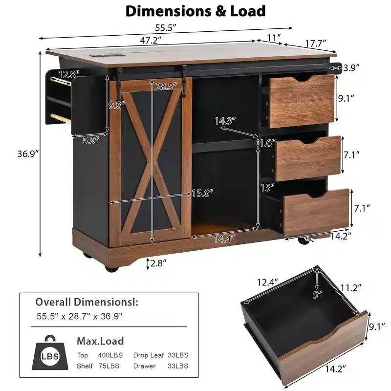 Îlot de cuisine de ferme Whisen 55.5 avec abattant, porte coulissante et station de recharge, design roulant