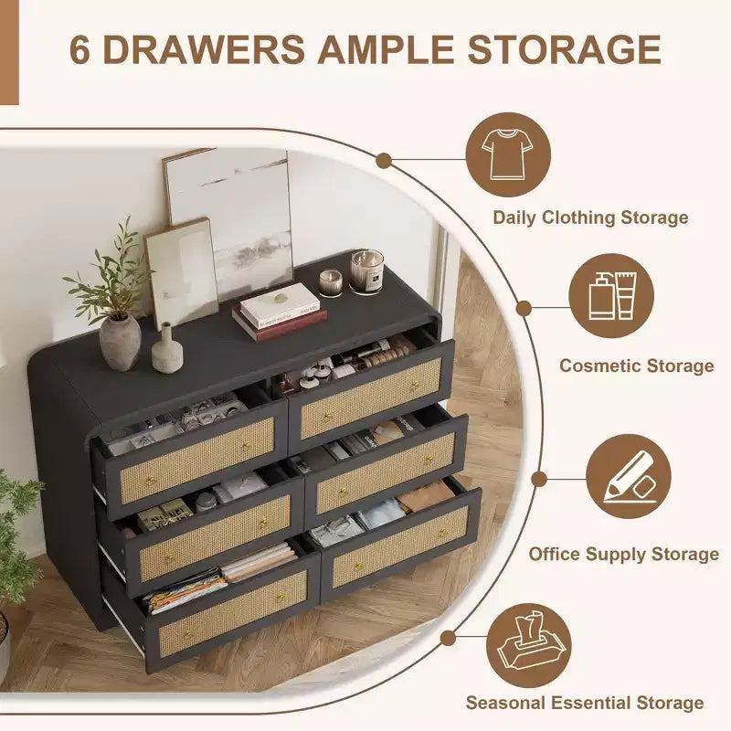 Commode à 6 tiroirs en rotin pour chambre à coucher, commode en bois de 117 cm de large, meuble TV, organisateur de rangement pour vêtements pour salon, noir