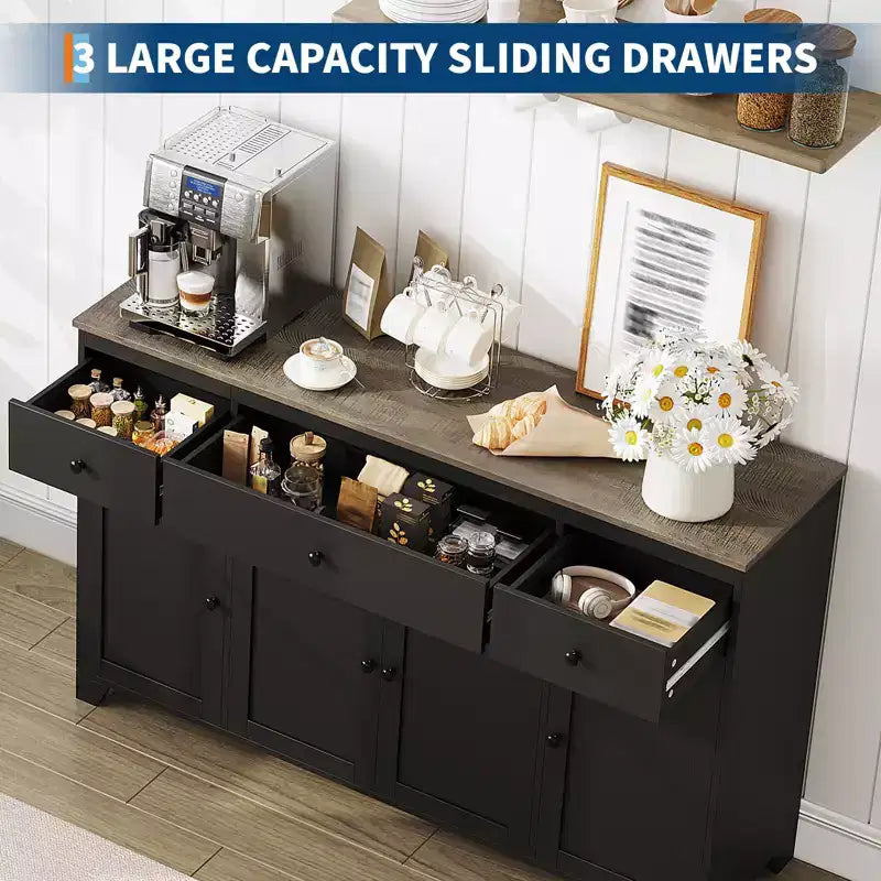 1 Buffet en aggloméré 15 mm E1 avec 4 portes et 3 tiroirs pour salle à manger, doté d'une construction durable, d'un rangement spacieux, d'un design élégant et d'un assemblage facile