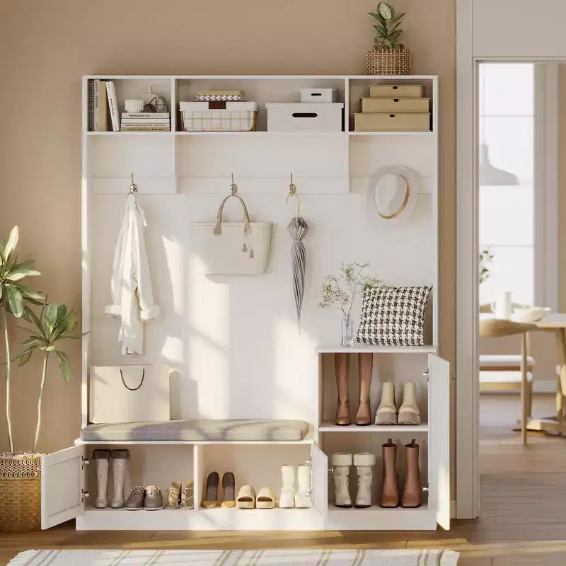 Banc et Rangement à Chaussures, Banc d'entrée de Ferme 3-en-1 avec Porte-Manteau, 4 Crochets, 4 Casiers à Chaussures et 3 Compartiments Ouverts, pour Entrée, Vestiaire