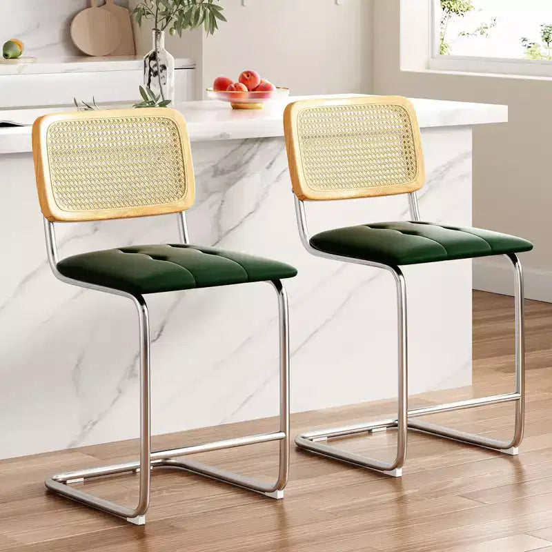 PexFix Lot de 2 tabourets de bar à hauteur de comptoir, en cuir PU rembourré, avec dossier en rotin, hauteur 61 cm, sans accoudoirs, pour îlot de cuisine, vert
