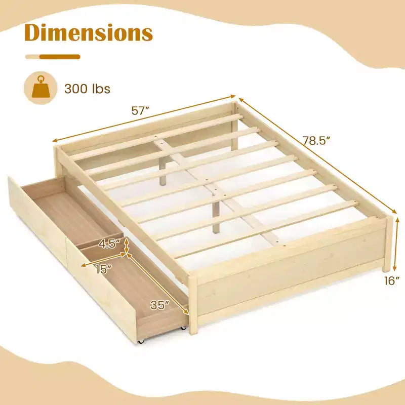 Lit plateforme en bois Costway, pleine/double, avec 2 tiroirs de rangement roulants, support à lattes en bois, naturel/blanc