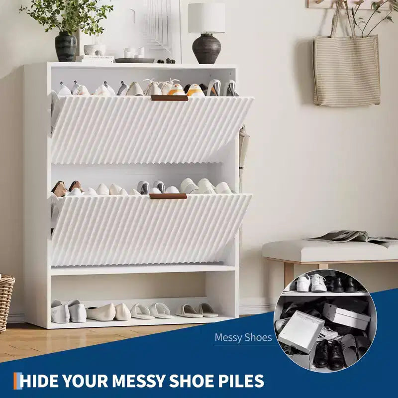Meuble à chaussures cannelé de 80 cm avec 2 tiroirs abattants et crochets latéraux, organisateur de rangement étroit réglable pour entrée avec étagère inférieure ouverte
