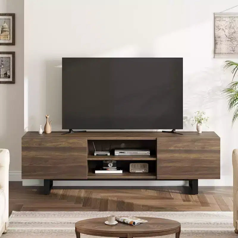 Meuble TV industriel de 75 pouces avec 2 tiroirs, console média en bois robuste pour salon et chambre à coucher