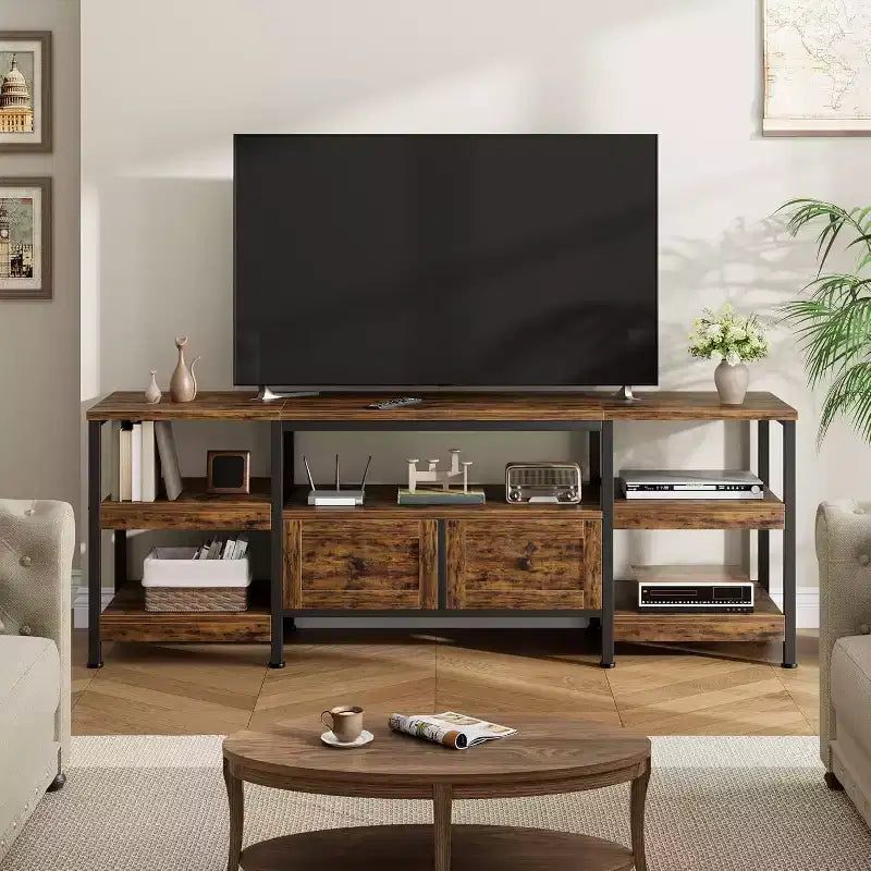 Meuble TV rustique de 180 cm avec rangement - Pour téléviseurs jusqu'à 75 pouces, 2 tiroirs et étagères ouvertes, meuble TV de style industriel avec cadre en métal