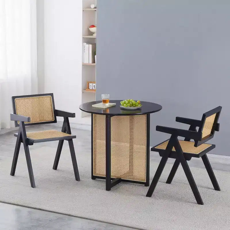 Lot de 2 chaises de salle à manger Okak en bois massif, chaises de salle à manger avec dossier en rotin et accoudoirs, chaises d'appoint de cuisine simples pour table de salon