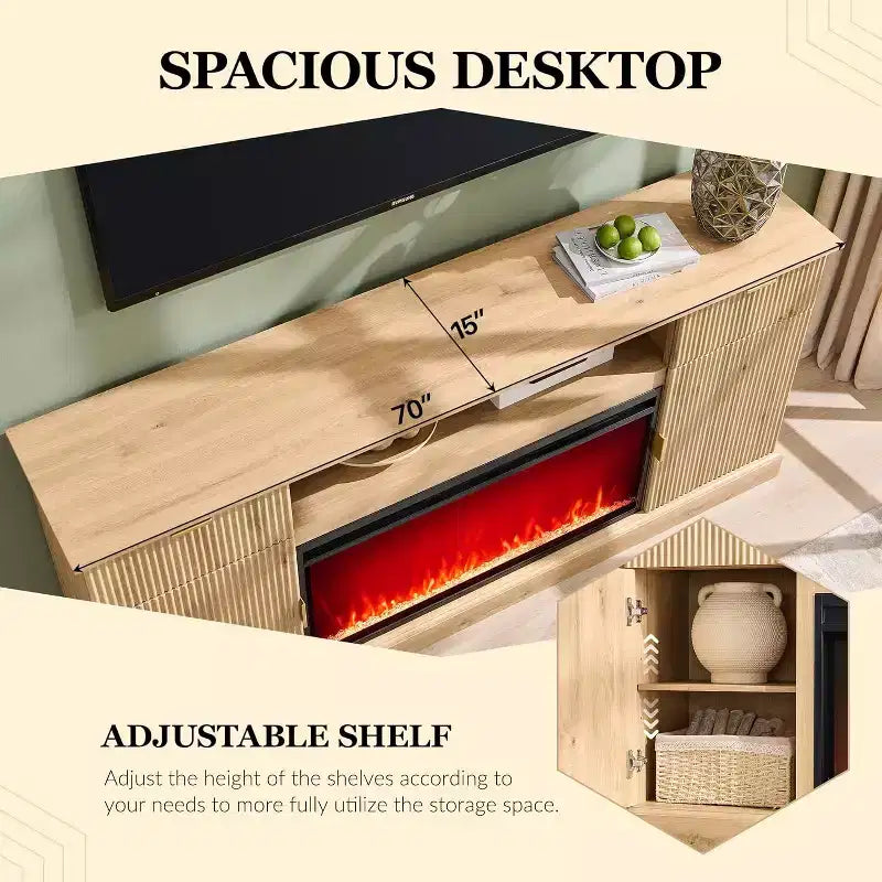 Meuble TV de cheminée cannelé de 70 po pour téléviseurs de 80 po, centre de divertissement moderne avec cheminée électrique de 36 po, console TV multimédia en bois avec rangement