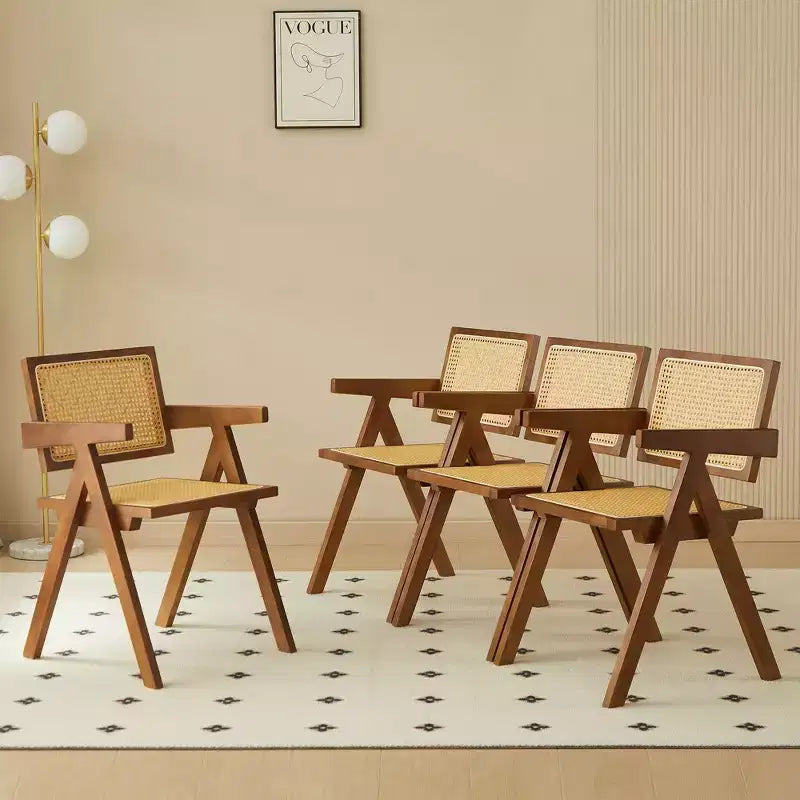 Lot de 2 chaises de salle à manger Okak en bois massif, chaises de salle à manger avec dossier en rotin et accoudoirs, chaises d'appoint de cuisine simples pour table de salon