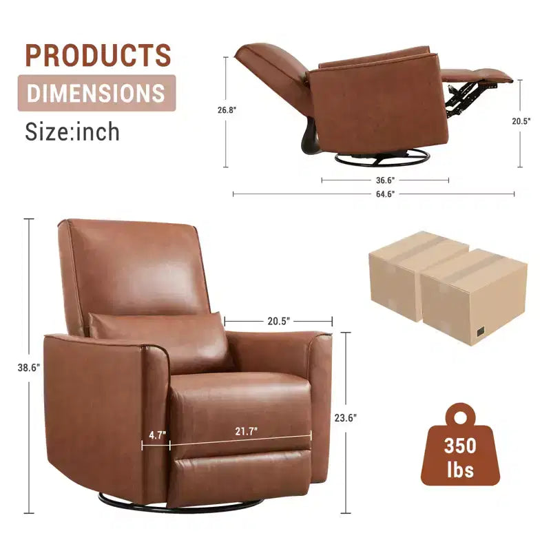 Fauteuil inclinable, pivotant et à bascule, inclinable manuel en cuir, fauteuil à bascule confortable, pour salon, chambre à coucher, marron
