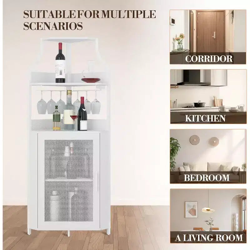 Meuble de bar d'angle CuisinSmart avec casier à vin amovible, meuble de bar avec porte-verres, petit buffet et armoire de rangement avec porte grillagée
