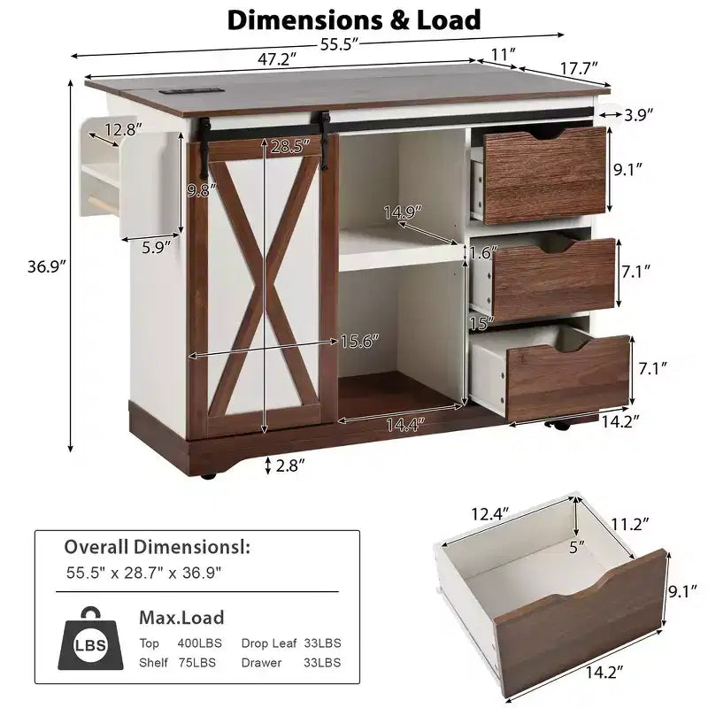 Îlot de cuisine de ferme Whisen 55.5 avec abattant, porte coulissante et station de recharge, design roulant