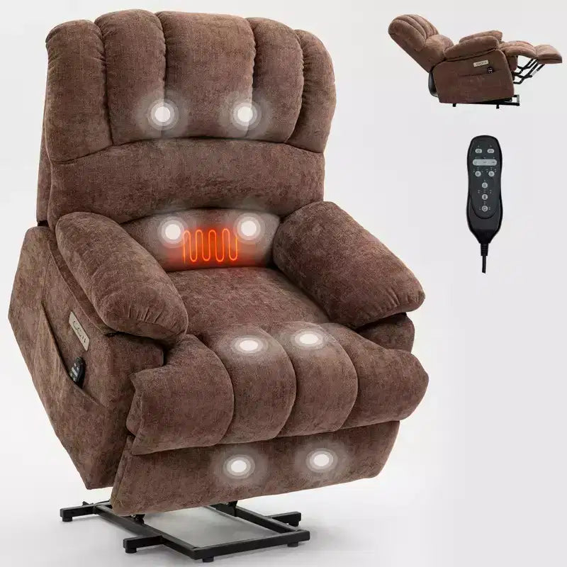 CLIHOME Fauteuil inclinable électrique releveur en chenille grande taille, largeur d'assise 23 pouces et dossier haut, avec massage vibrant 8 points et chauffage lombaire