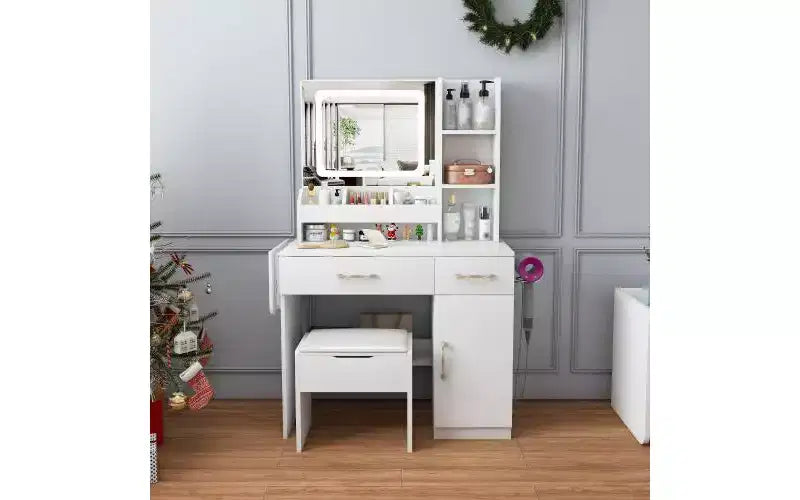 Coiffeuse JVNOXK avec miroir lumineux LED et prise électrique, 3 tiroirs, 7 étagères et tabouret de rangement, convient aux femmes, blanc