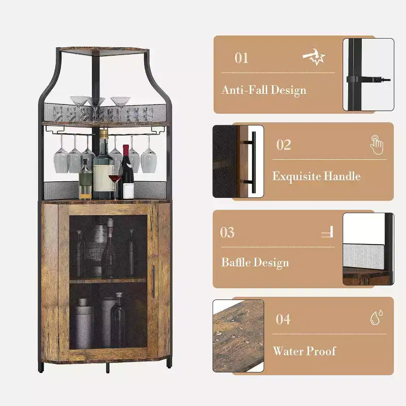 Meuble de bar d'angle CuisinSmart avec casier à vin amovible, meuble de bar avec porte-verres, petit buffet et armoire de rangement avec porte grillagée