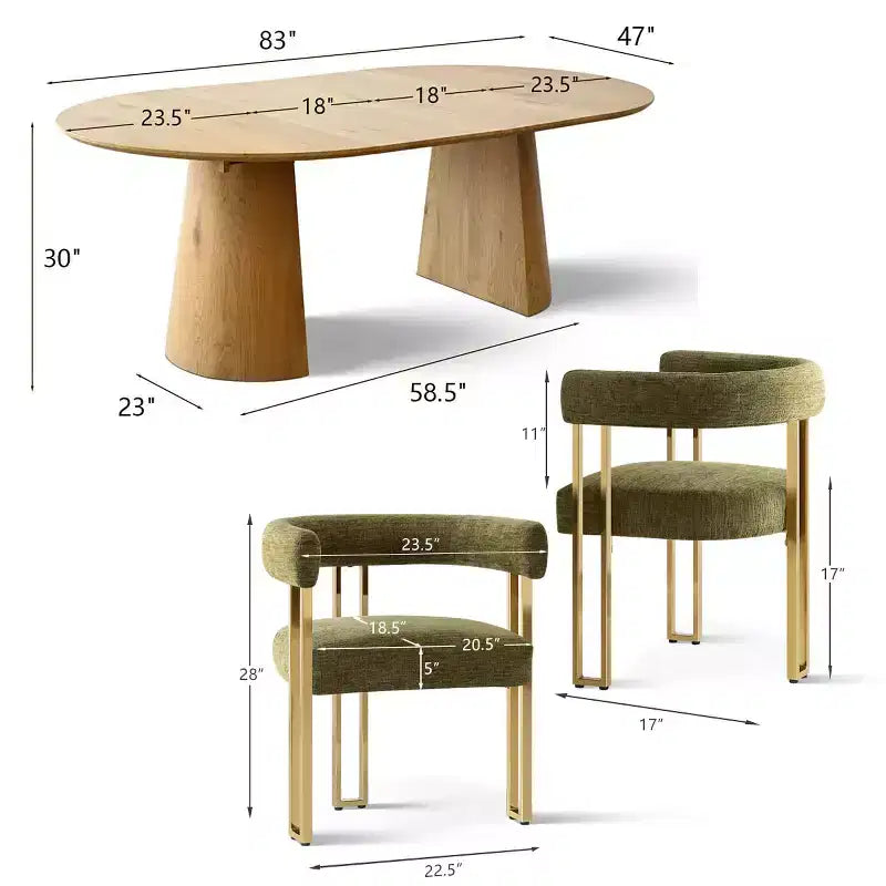 Ensemble table à manger ronde extensible en ovale avec 4 fauteuils en velours, design piédestal moderne, jusqu'à 8 personnes - Panipeachy