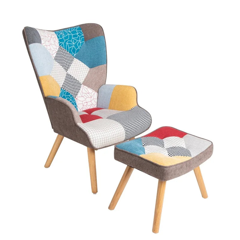 Fauteuil d'appoint avec pouf, ensemble fauteuil et pouf de salon, fauteuil d'appoint confortable pour chambre à coucher, surface en tissu à épissures créatives