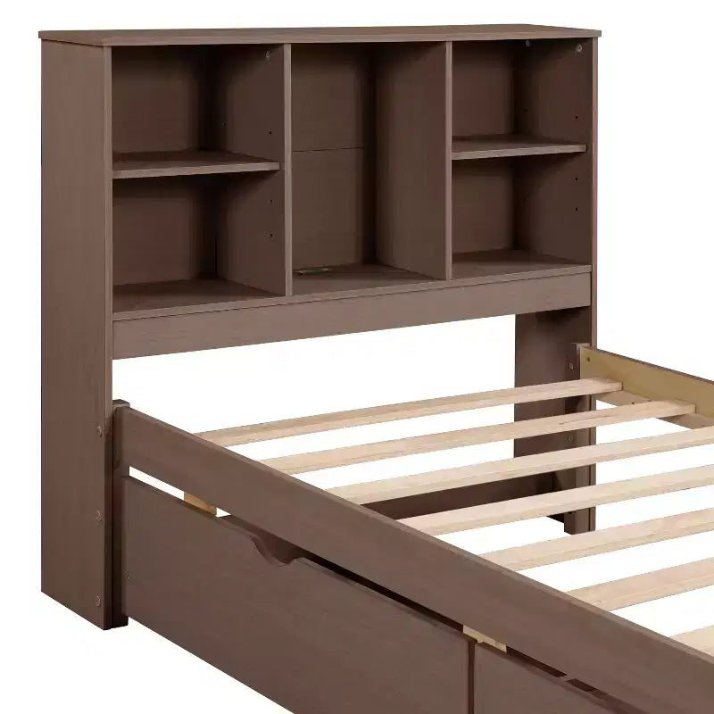 Bellemave Lit plateforme jumeau avec tête de lit bibliothèque et 2 tiroirs de rangement, lit plateforme en panneau de particules avec port de chargement USB