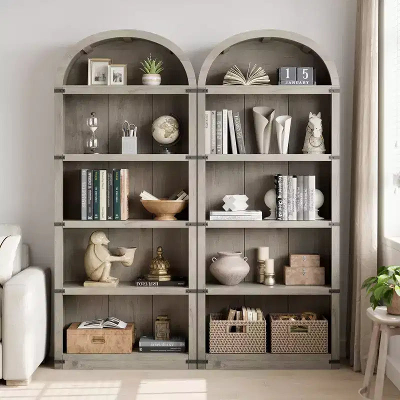 GustoWave Bibliothèque Haute de 181,96 cm, Étagère Murale Arched Style Ferme, Rangement d'Exposition, Étagères en Bois, Blanc/Gris