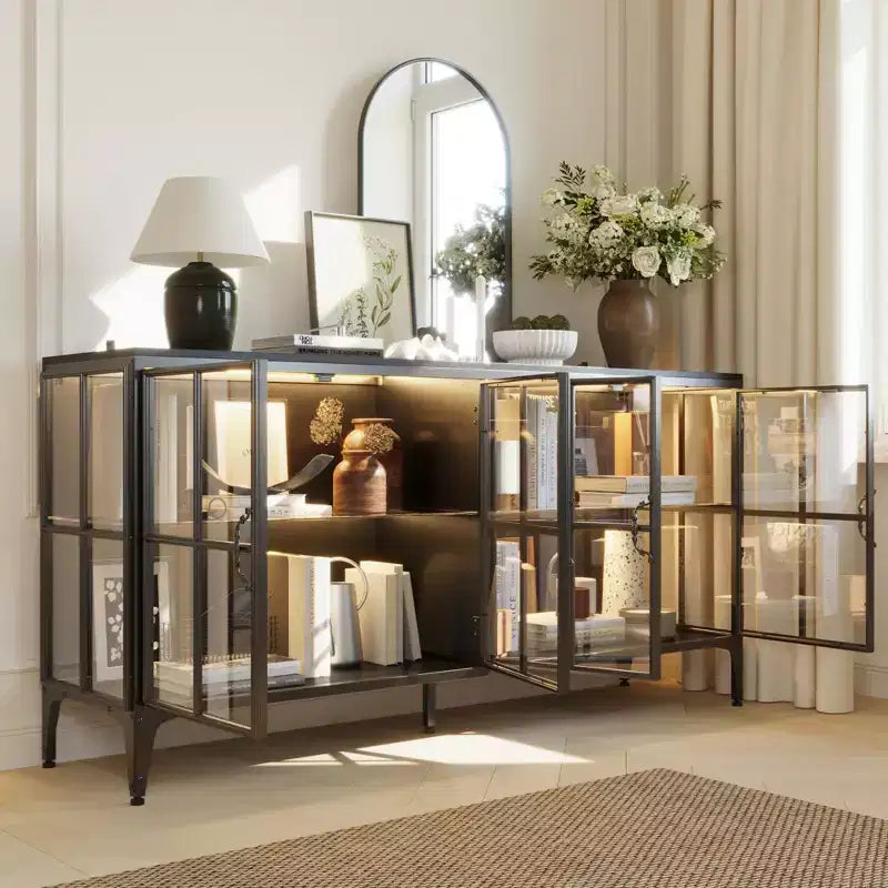 Bibliothèque en verre Famapy, vitrine, armoire de rangement, buffet avec cadre en métal et lumière LED pour salle à manger