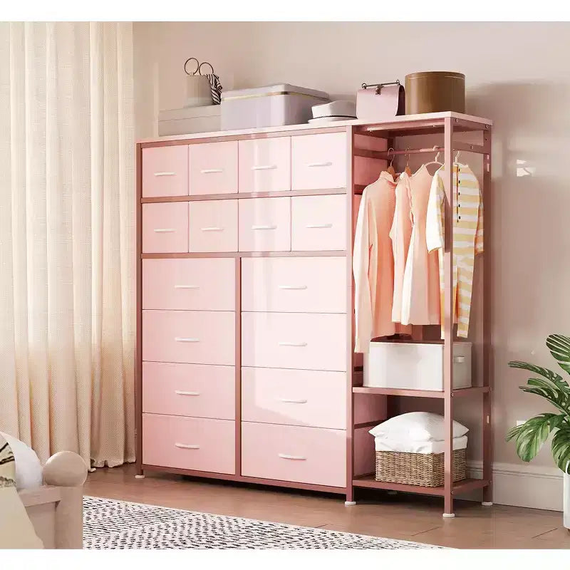 Commode de rangement avec 16 tiroirs, tringle à vêtements et étagères, organisateur de rangement en tissu pour chambre à coucher, placard ou entrée