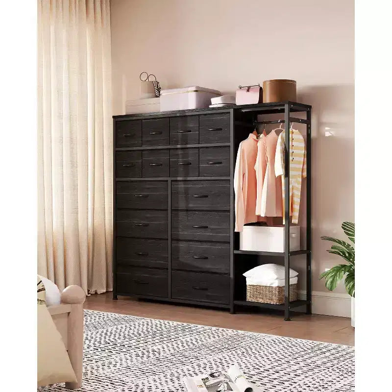 Commode de rangement avec 16 tiroirs, tringle à vêtements et étagères, organisateur de rangement en tissu pour chambre à coucher, placard ou entrée