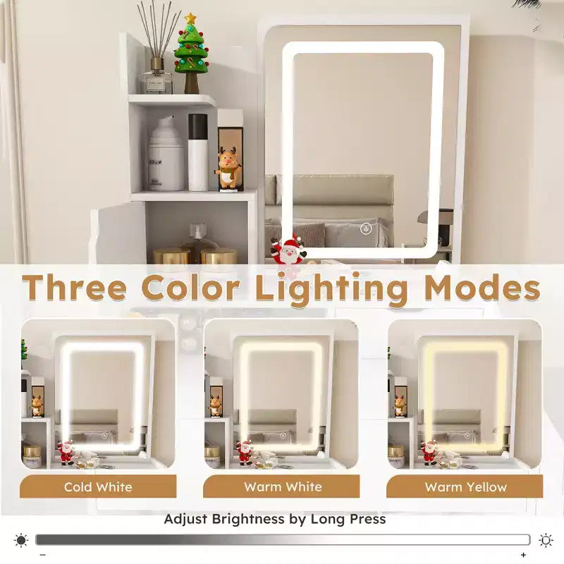 Coiffeuse JVNOXK avec miroir lumineux LED et prise électrique, 3 tiroirs, 7 étagères et tabouret de rangement, convient aux femmes, blanc