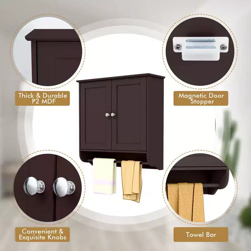 Armoire de salle de bain murale Costway avec barre porte-serviettes marron/gris