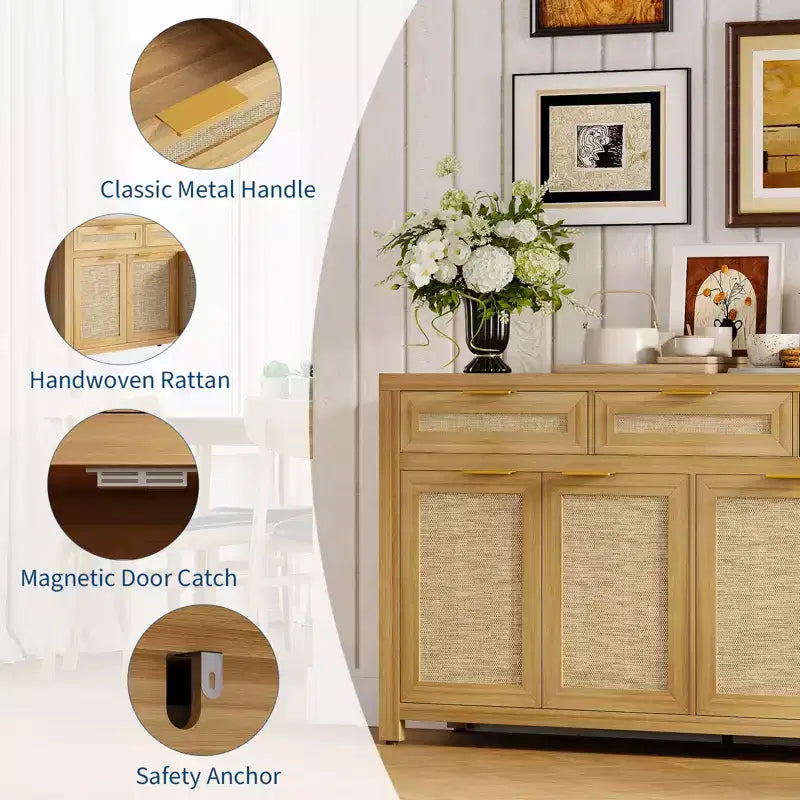 Buffet de salle à manger avec rangement de 160 cm, Bahut de style rustique avec bar à café, 3 tiroirs, 4 portes et étagères réglables pour salle à manger et cuisine