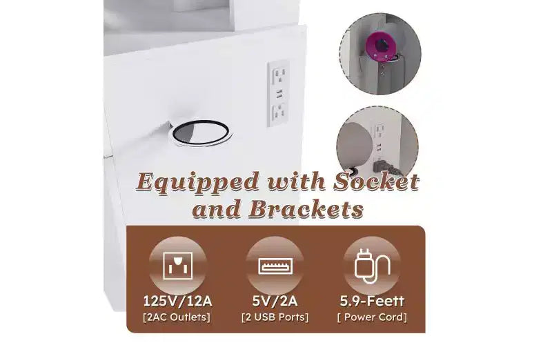 Coiffeuse JVNOXK avec miroir lumineux LED et prise électrique, 3 tiroirs, 7 étagères et tabouret de rangement, convient aux femmes, blanc