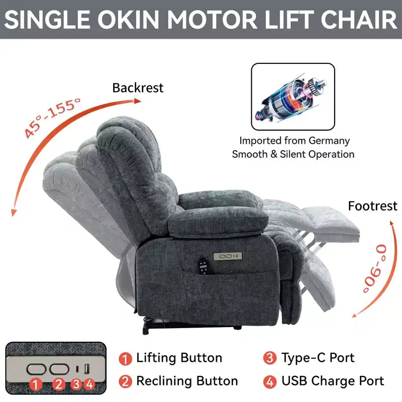 CLIHOME Fauteuil inclinable électrique releveur en chenille grande taille, largeur d'assise 23 pouces et dossier haut, avec massage vibrant 8 points et chauffage lombaire