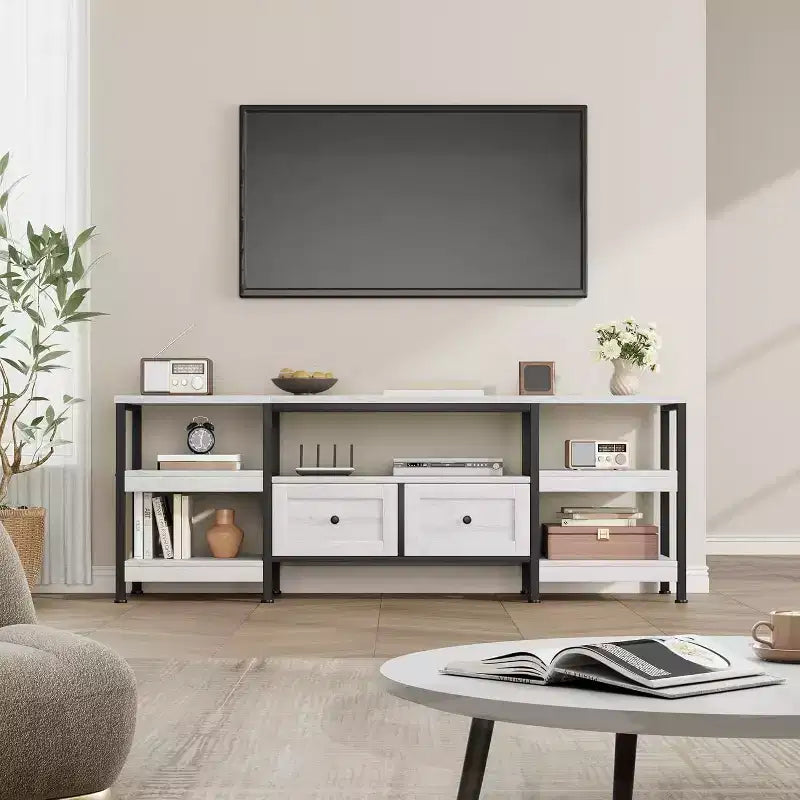 Meuble TV rustique de 180 cm avec rangement - Pour téléviseurs jusqu'à 75 pouces, 2 tiroirs et étagères ouvertes, meuble TV de style industriel avec cadre en métal