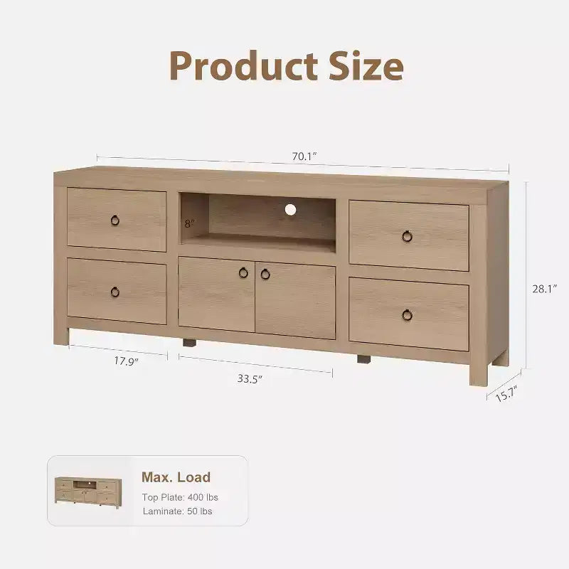Meuble TV blanc de style ferme pour téléviseurs 75-80 pouces - Console média longue de 70 pouces avec 6 tiroirs et étagère pour barre de son pour salons, chambres à coucher