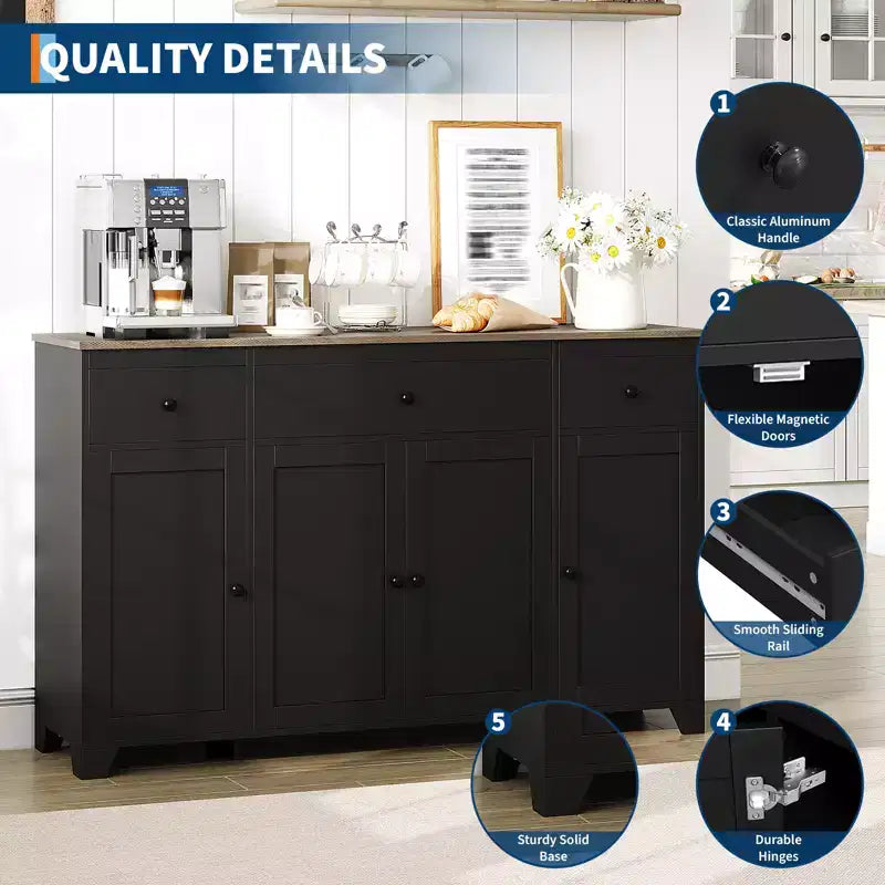 1 Buffet en aggloméré 15 mm E1 avec 4 portes et 3 tiroirs pour salle à manger, doté d'une construction durable, d'un rangement spacieux, d'un design élégant et d'un assemblage facile