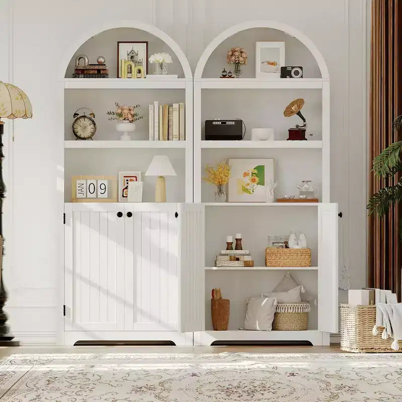 Meuble haut arqué GustoWave 71.6, Bibliothèque à 5 niveaux avec portes et étagères réglables, Armoire de rangement