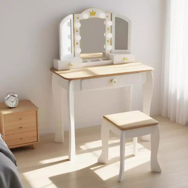 Freniland - Coiffeuse Princesse pour Enfants avec Miroir Lumineux et Tabouret, Table de Maquillage en Bois avec Tiroirs de Rangement