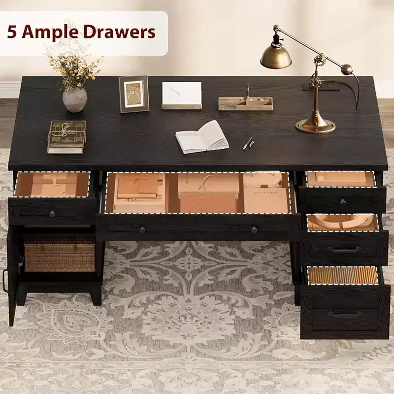 Bureau de direction de 152 cm avec tiroirs, bureau d'ordinateur avec station de charge, bureau d'écriture en bois pour étude, table de conférence pour salon
