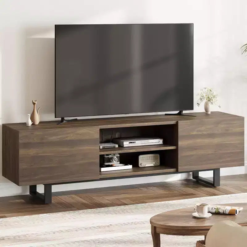 Meuble TV industriel de 75 pouces avec 2 tiroirs, console média en bois robuste pour salon et chambre à coucher