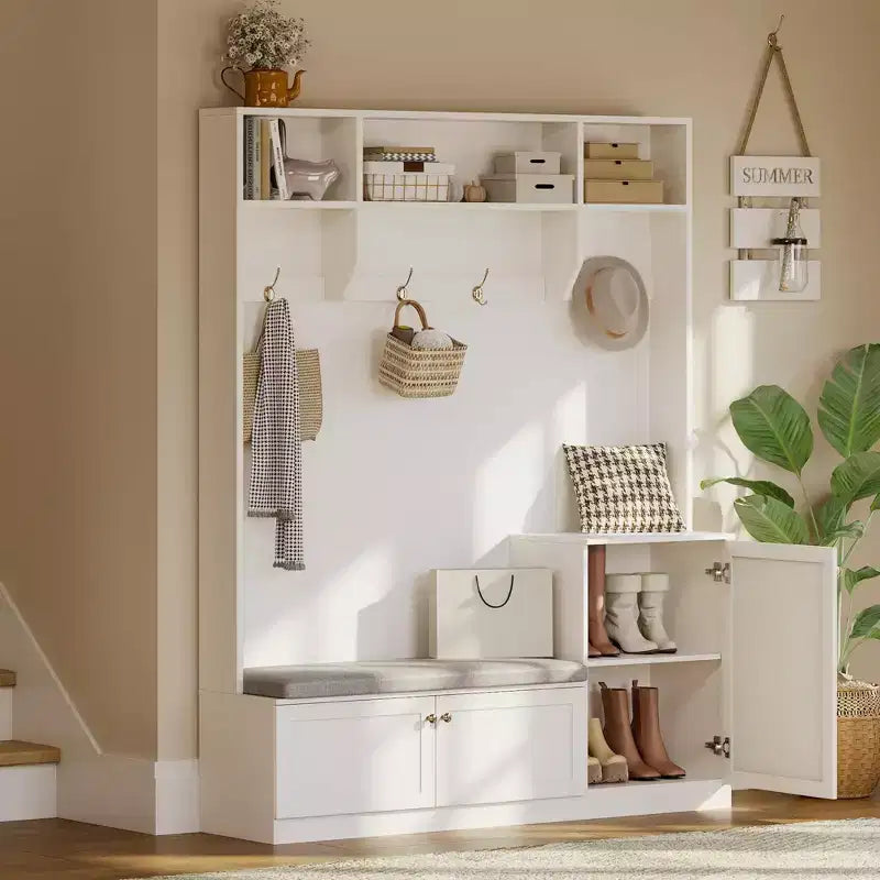 Banc et Rangement à Chaussures, Banc d'entrée de Ferme 3-en-1 avec Porte-Manteau, 4 Crochets, 4 Casiers à Chaussures et 3 Compartiments Ouverts, pour Entrée, Vestiaire