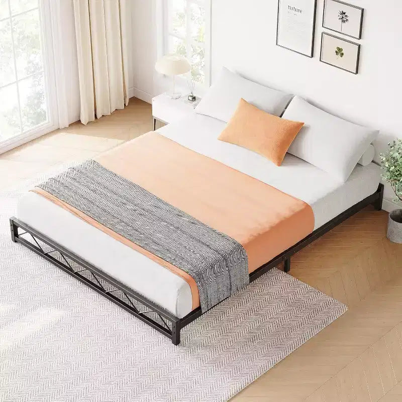 Lit plateforme en métal ondulé 1 pièce – 6 profil bas taille Queen, lattes en acier, aucun sommier tapissier requis, convient aux matelas standards